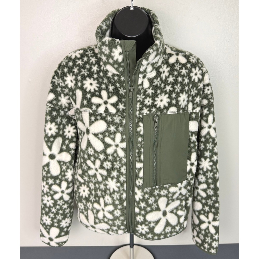 SO Women's Floral Full Zip Teddy Fleece Jacket Green Size Small Preppy Outdoor
